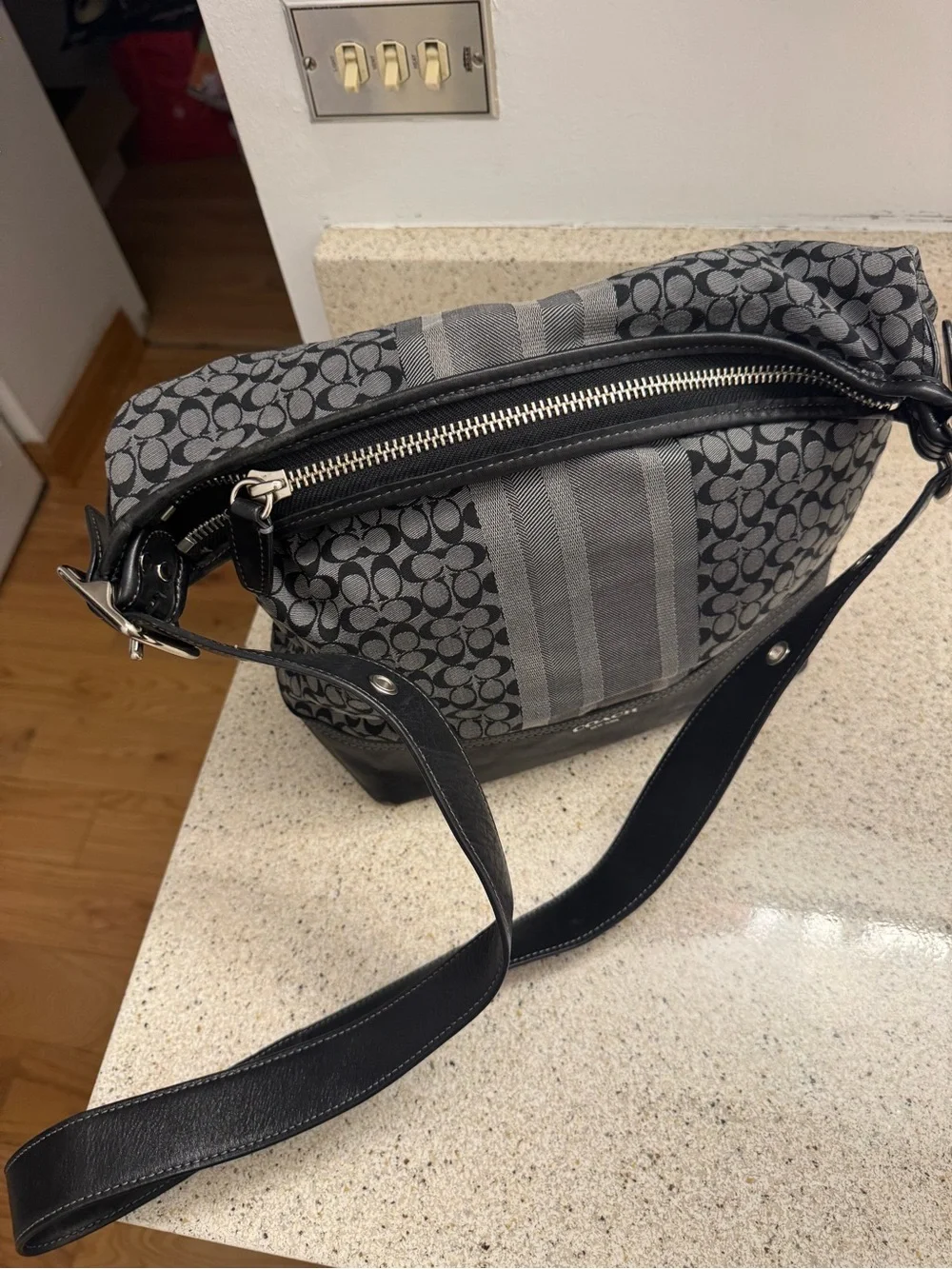 Coach Black and Gray Signature Canvas Hobo Bag